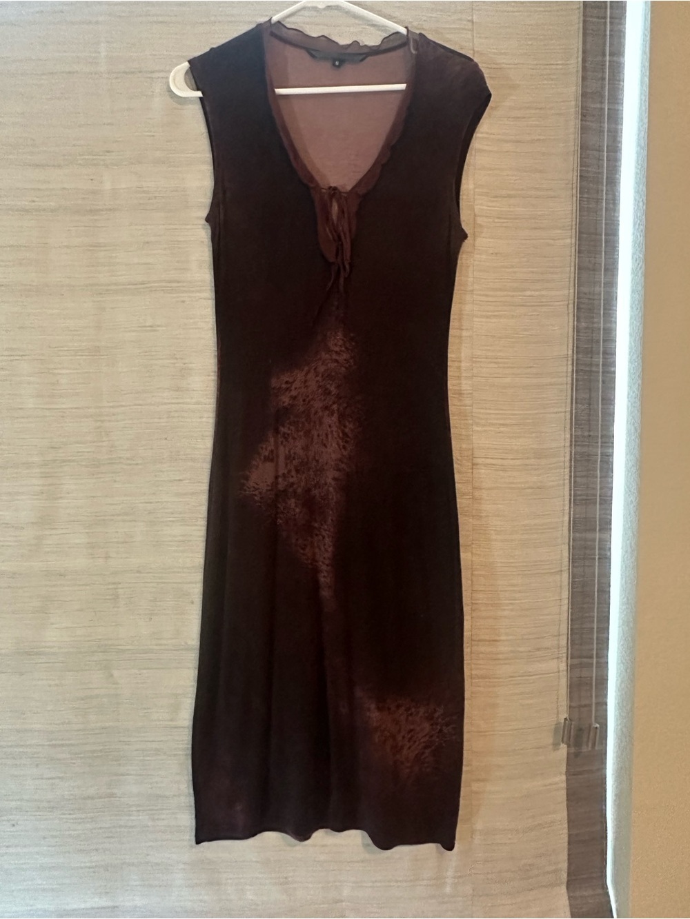 Sleeveless Dark Maroon/ Brownish Midi Dress with Tie-Neck Detail- Sz S